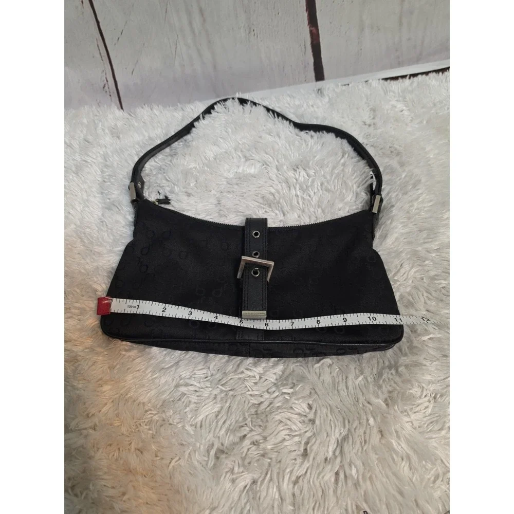 Francesco Biasia Black Monogram Jacquard Leather Trim Shoulder Bag Buckle Detail